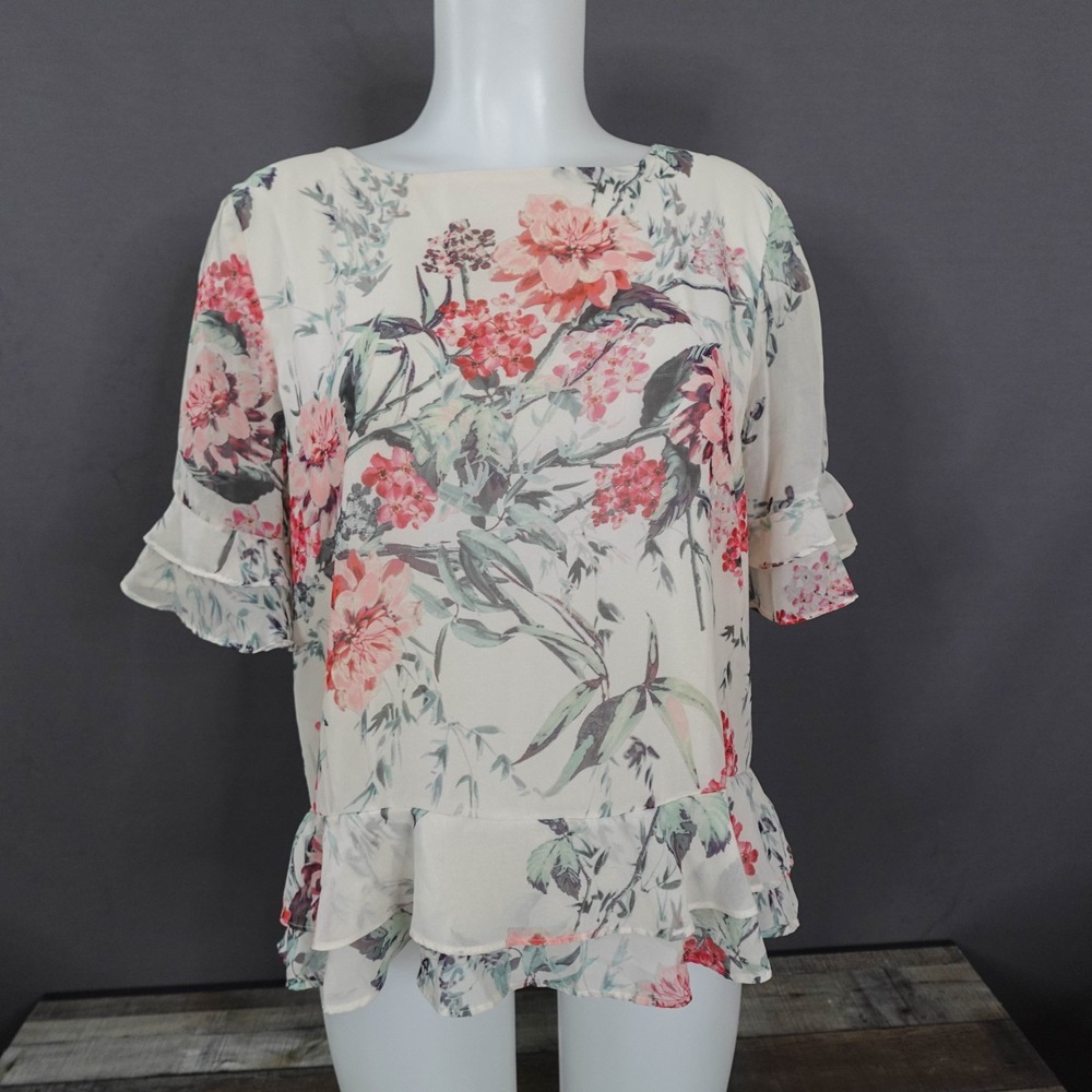 Adrienne Vittadini Top Medium Off White Floral Ruffle Coquette Sheer Peplum